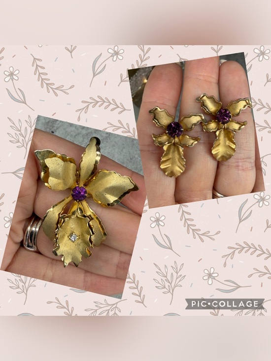 Jewelry - Orchid Brooch & Screw Back Earrings Set Bugbee & Niles Co Jewelry Rhinestone Lot